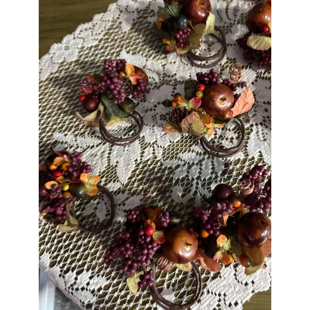 Vintage Autumn Harvest Napkin Rings Set of 10 Faux Berry Apple Pinecone Fall Dec